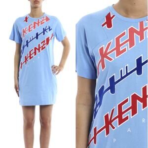 KENZO Paris Blue Red Graphic Velvet Logo Tshirt Dress sz XS Streetwear Casual
